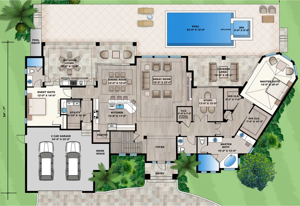 Luxury Living Room and Swimming Pool 2D Floor Plan with 3D Rendering