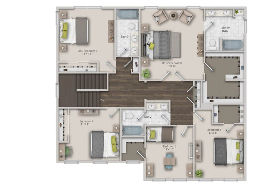 2D Floor Plan Portfolio of Bedroom, Bathroom and Kitchen with 3D Rendering