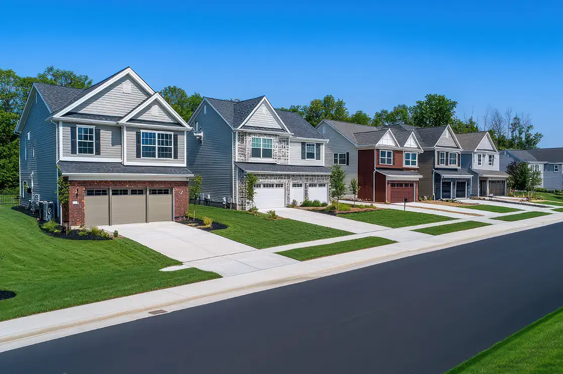 3D CGI rendering of modern residential homes showcasing a built-to-rent community for marketing