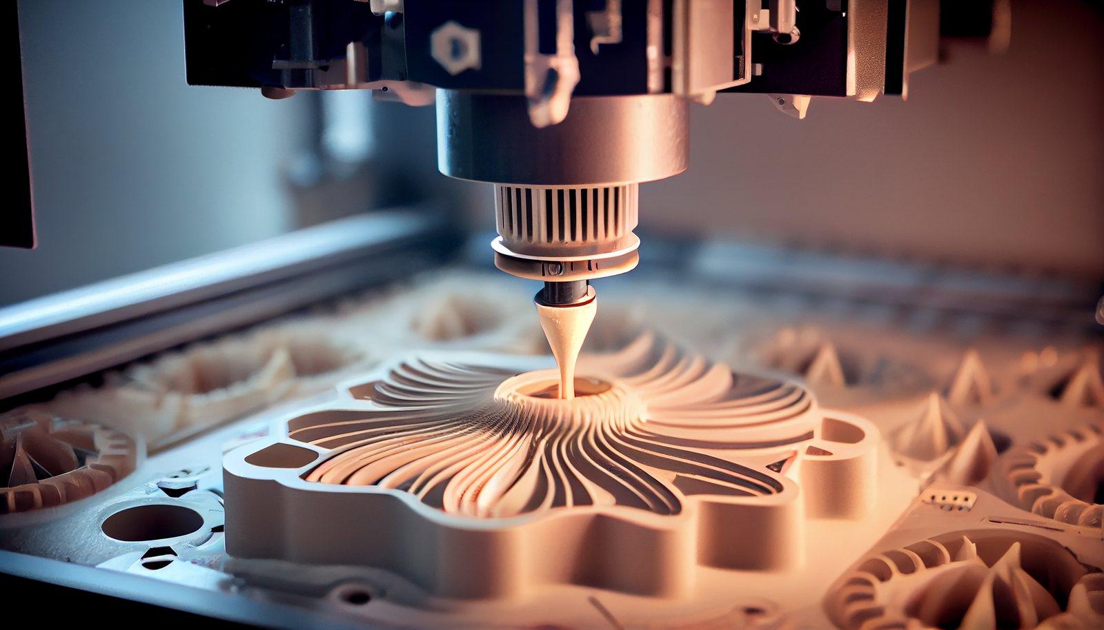 Close-up of an intricately finned manufactured part being worked by a precision tool head