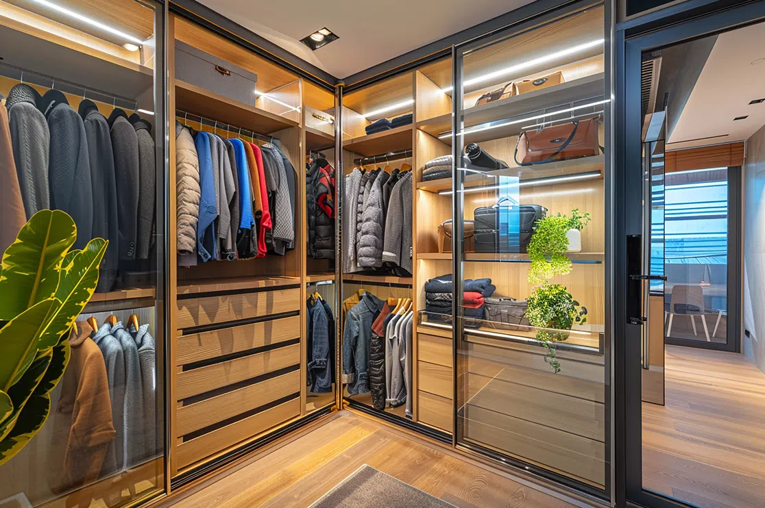 3D Walk-in Corner Wardrobe Render with Glass Doors