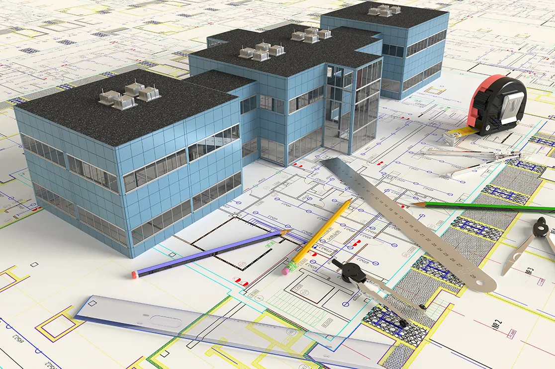 BIM for commercial construction showing 3D building model with structural and MEP systems