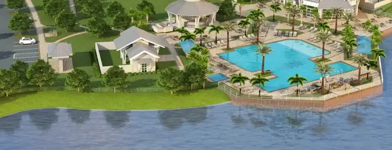 High-quality 3D rendering showcasing a luxury hospitality resort with outdoor recreation areas, pool, clubhouse, and waterfront landscape