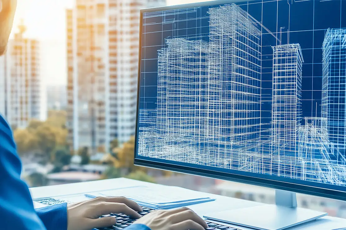 Architect reviewing a 3D wireframe model of high-rise buildings on a computer screen when project details are still being finalized.