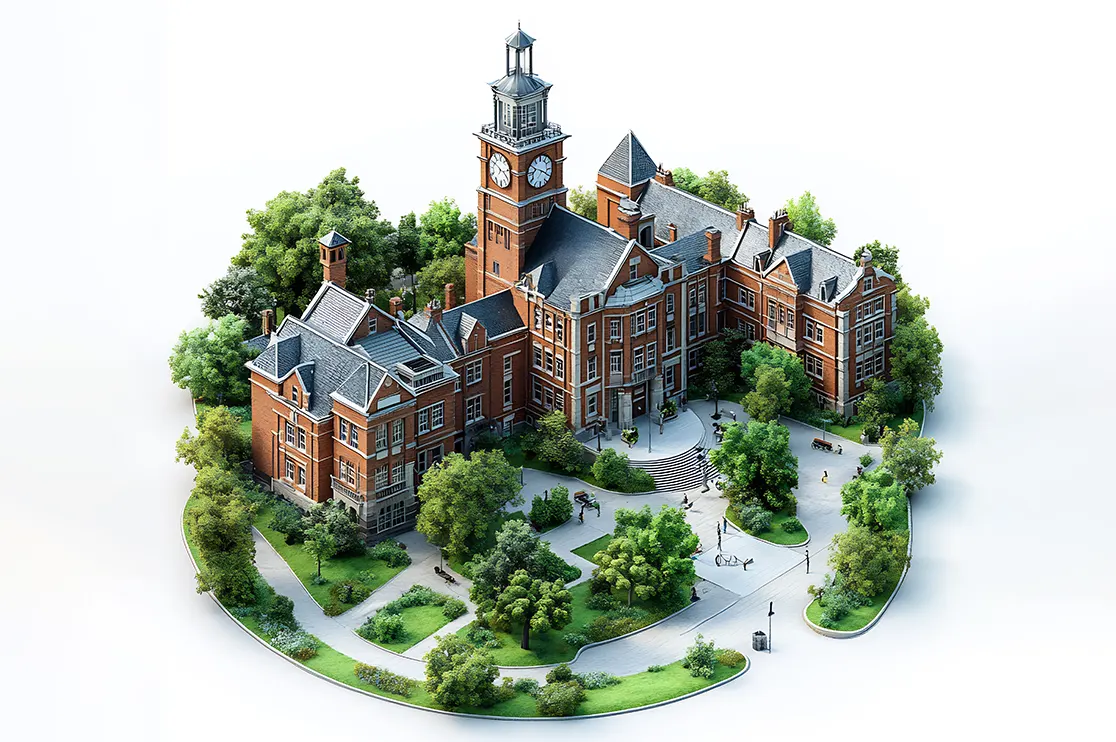 A detailed architectural visualization of a school or educational campus featuring historic-style buildings, landscaped grounds, pathways, and outdoor gathering spaces. The image illustrates the role of BIM in educational facility construction, planning, and project coordination