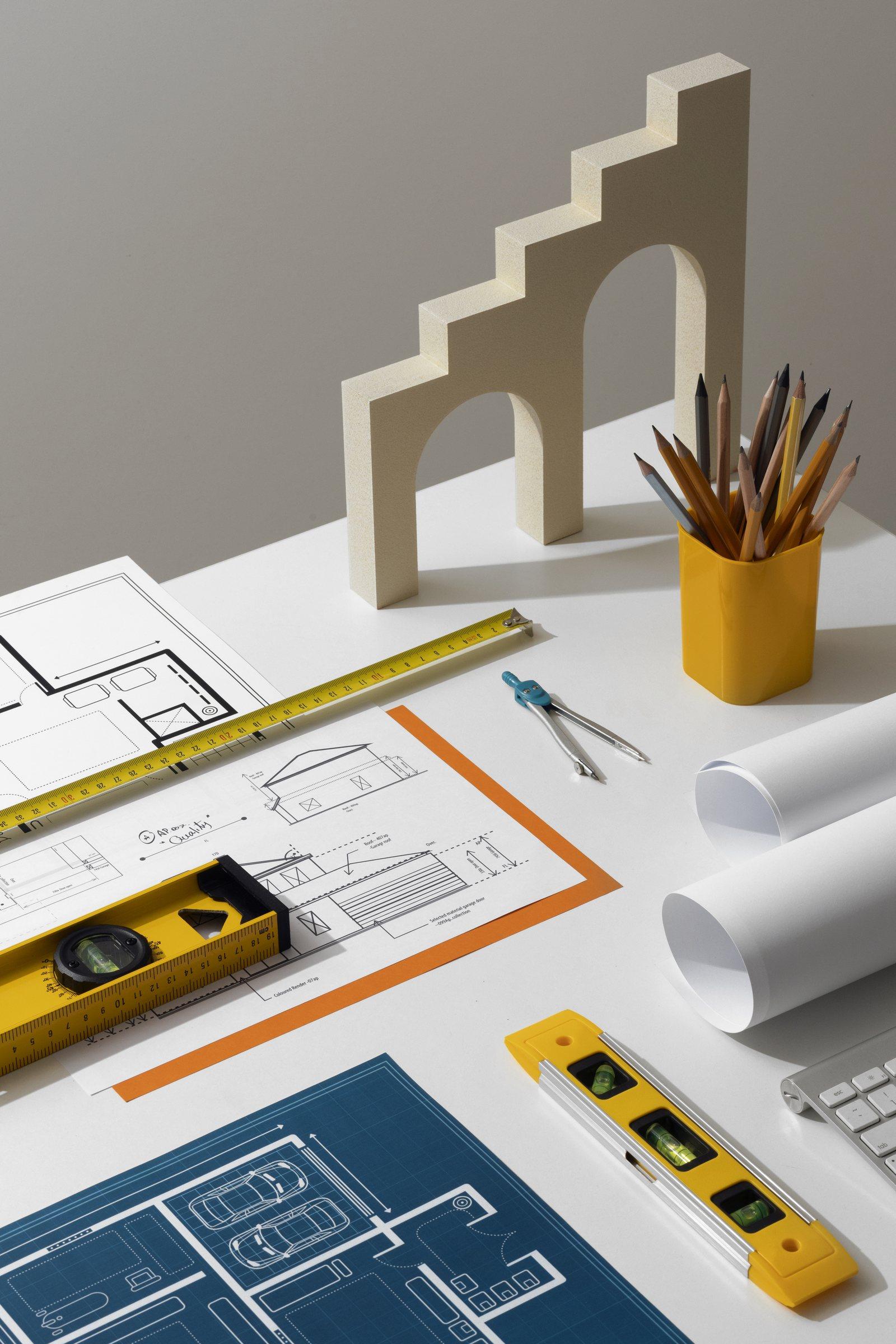 Overhead view of an architectural desk with a stepped-arch scale model, pencils, rolled blueprints and floor plans