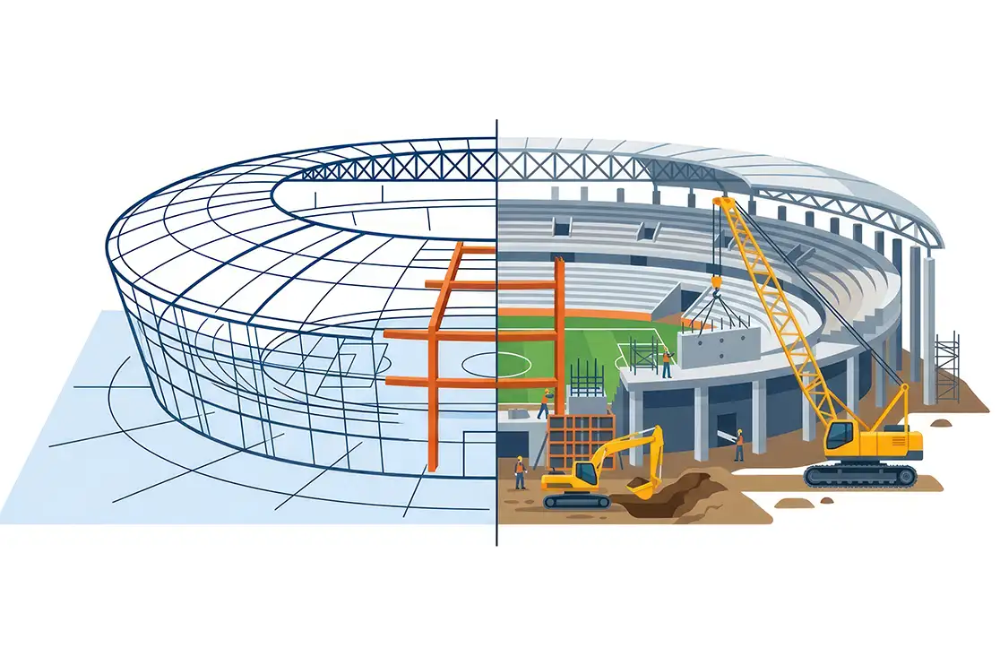 BIM for stadium construction risk management, structural planning, and project coordination.