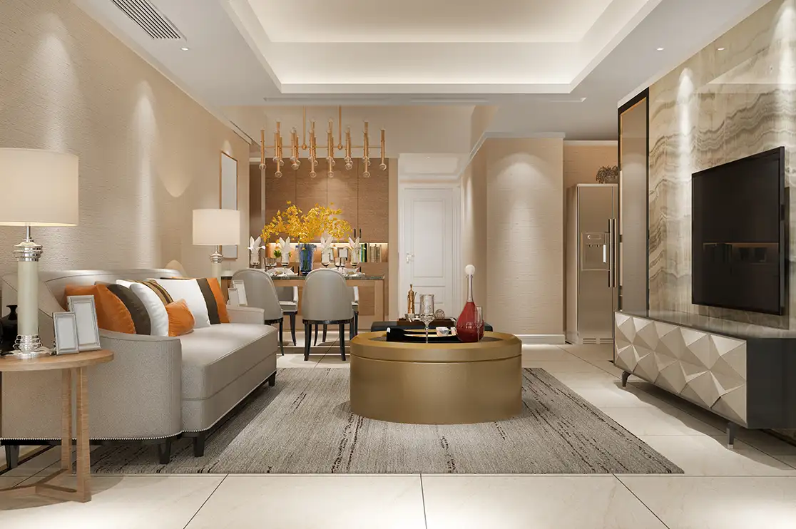 3D interior visualization of a furnished living and dining space for a built-to-rent property