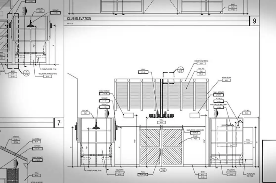 Casino floor millwork drawings showing material interface details and construction dimensions.