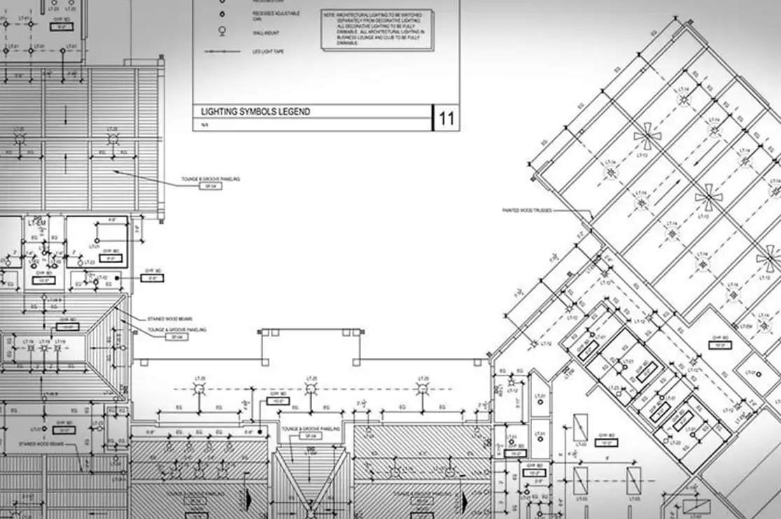 Casino millwork shop drawings showing material interfaces, floor layouts, and construction details.