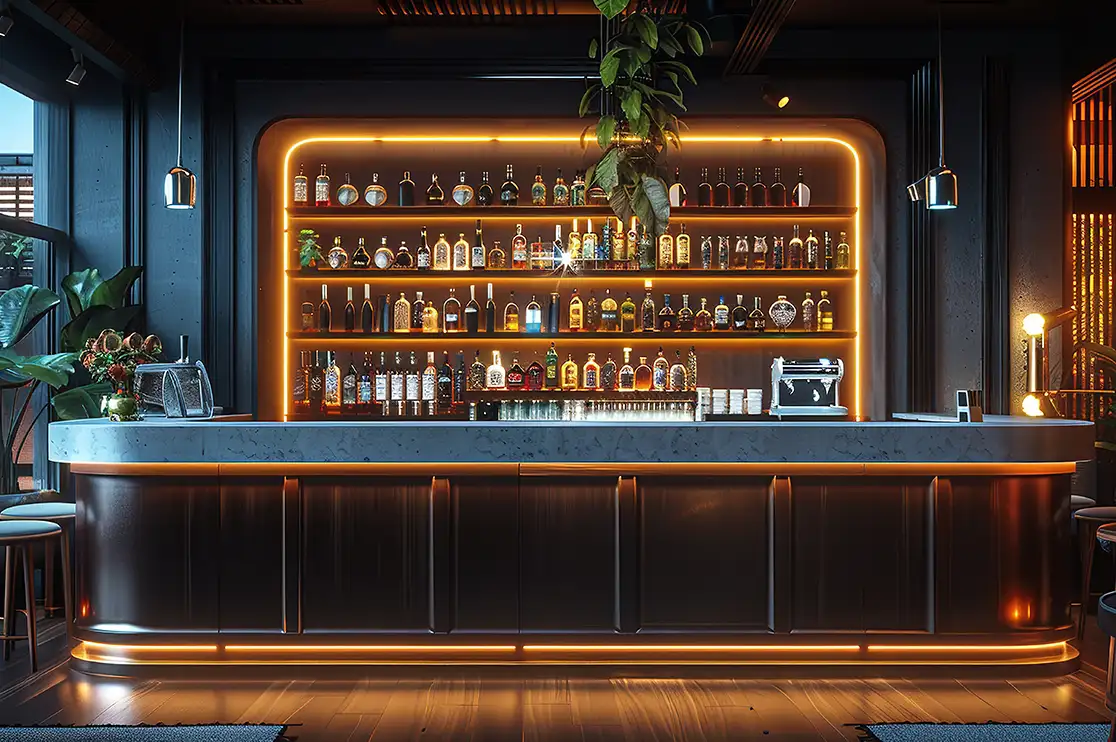 Casino millwork shop drawings for bar counters, cabinetry, lighting, and material interfaces.