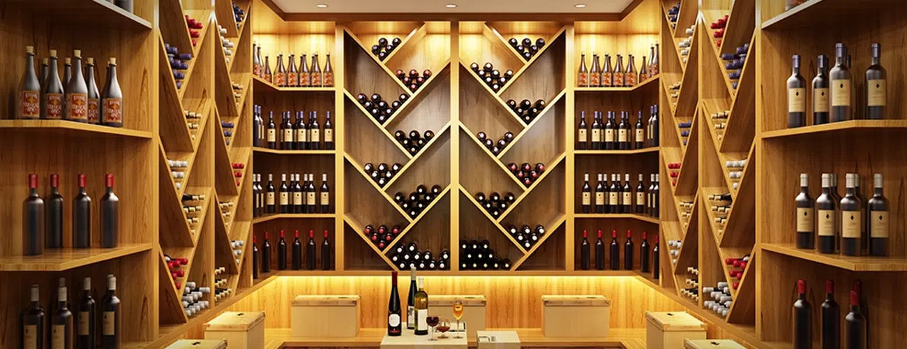 Luxury commercial millwork showcasing handcrafted wood wine racks and shelving