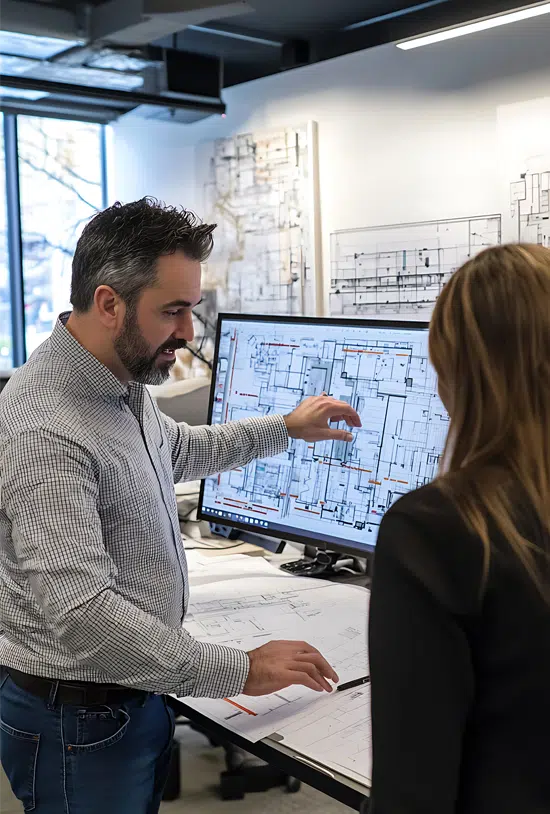 Commercial millwork drafting team reviewing shop drawings for production planning