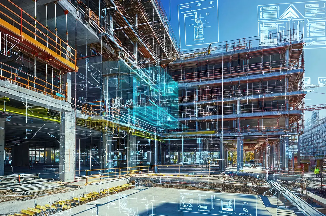 Aerial view of multiple buildings on a large commercial construction project site being coordinated