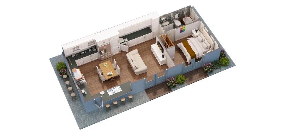 Dollhouse-Style 3D Floor Plan of an Urban Apartment