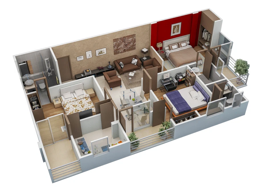 Interior-Focused 3D Dollhouse Rendering of a Luxury Residential Home