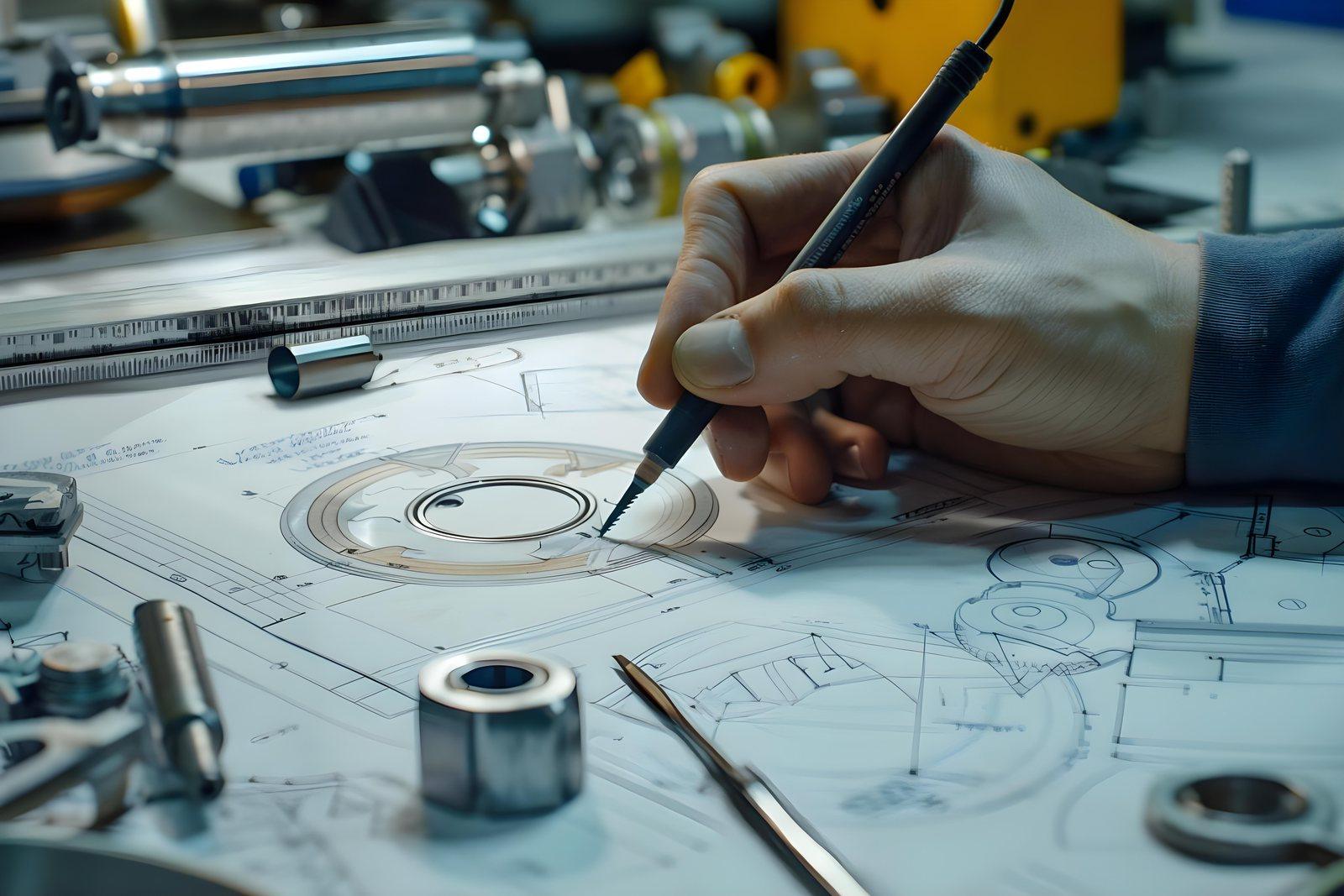 Hand sketching a mechanical part detail over a technical drawing, calipers and bearings on the desk