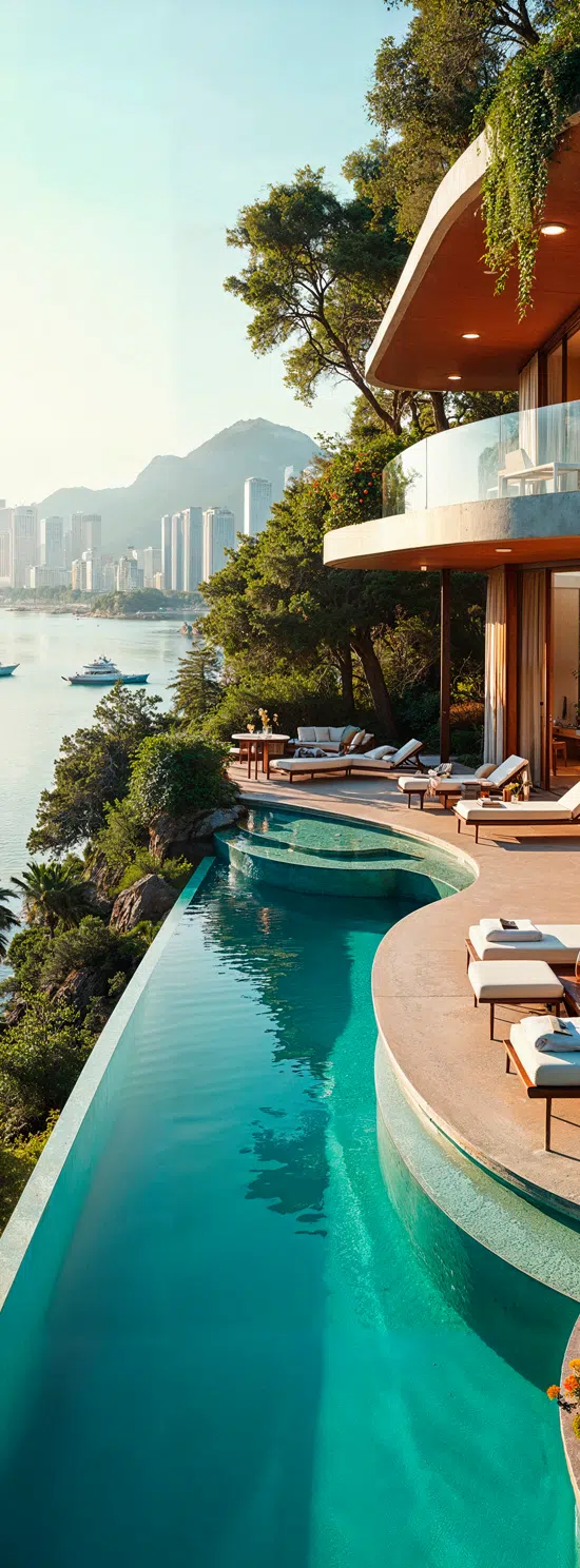 Photorealistic hospitality 3D rendering showcasing a luxury coastal resort with an infinity-edge pool, scenic waterfront views, and contemporary architecture