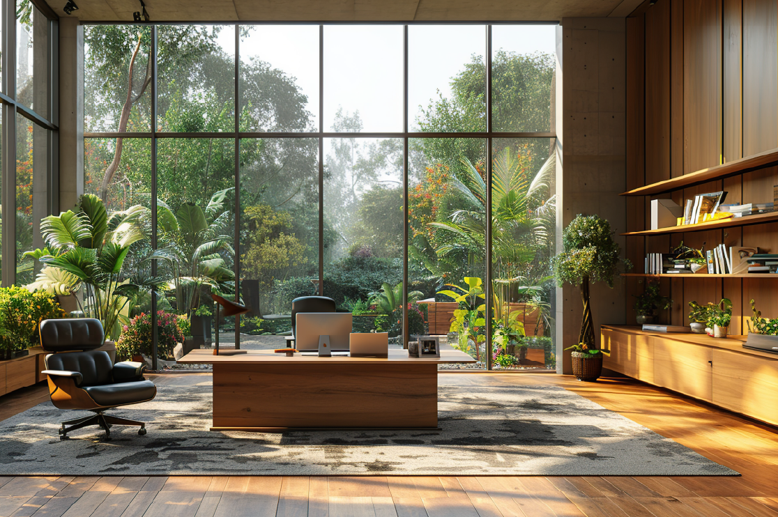 home office 3D render with biophilic elements