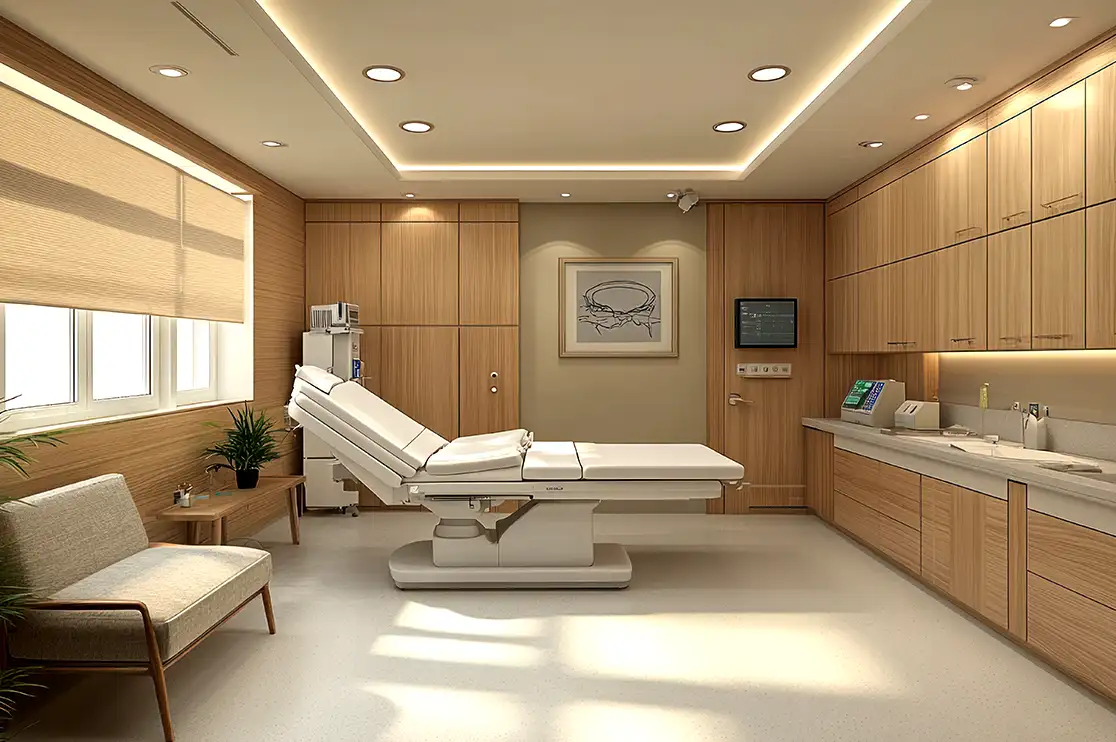 Hospital patient room featuring custom wood-finish millwork cabinets, built-in countertop storage, and an adjustable medical examination bed.
