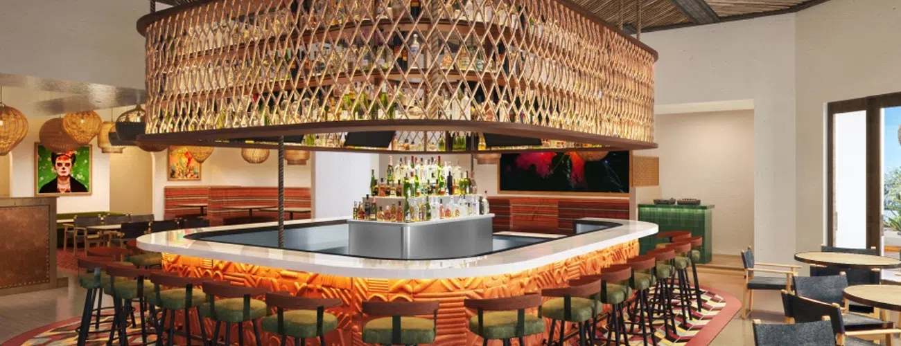 Photorealistic hospitality 3D rendering showcasing a high-end hotel lounge bar with premium furnishings and modern interior design