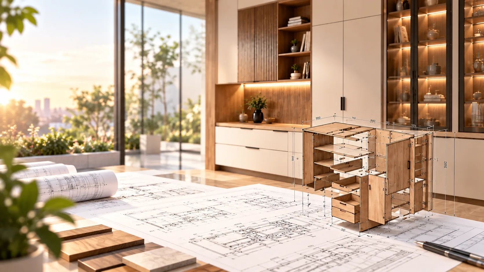 Exploded cabinet model over millwork drawings