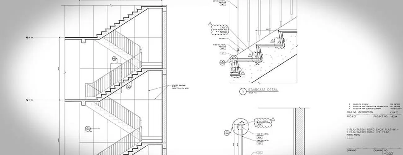 Commercial millwork engineering drawings supporting staircase production and installation