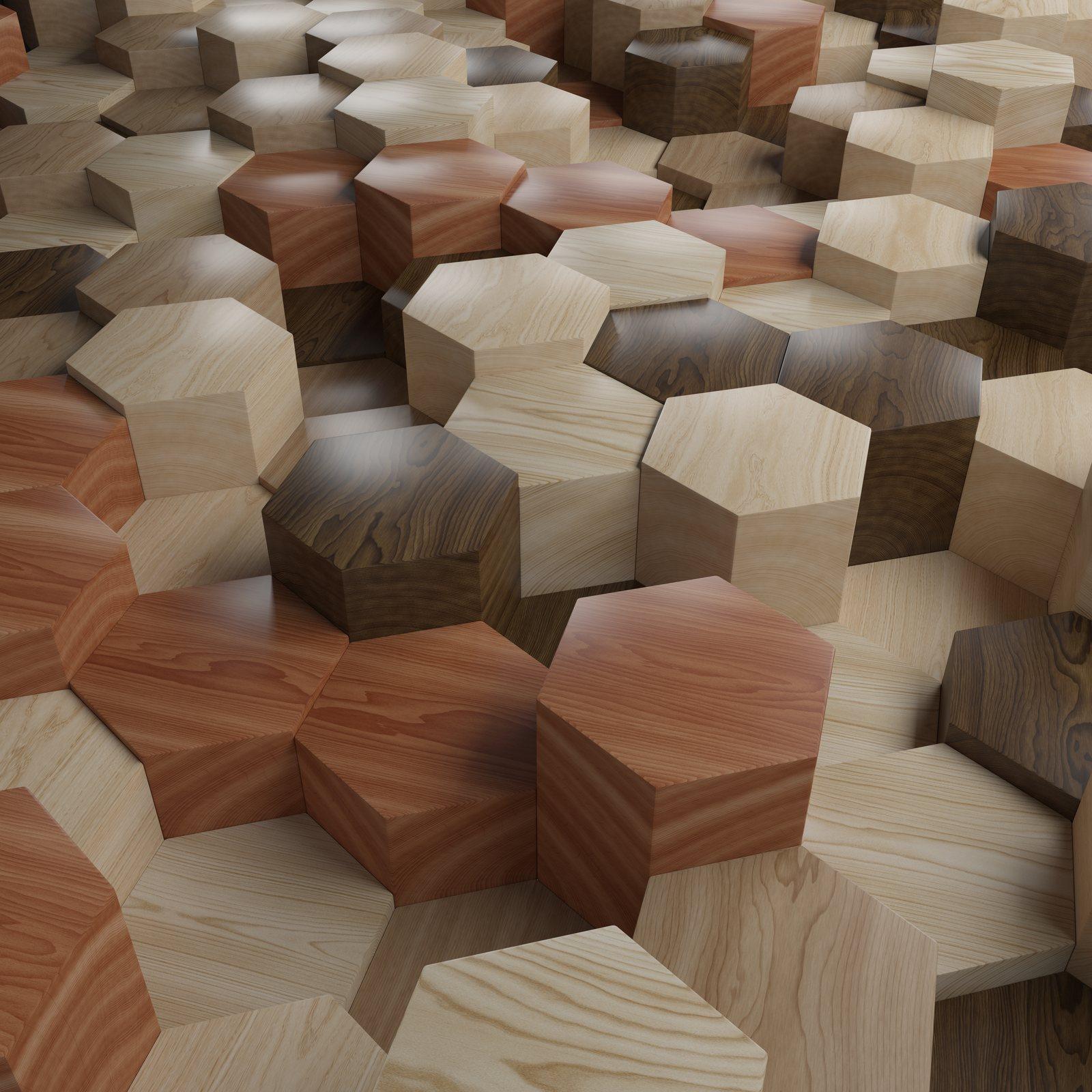 Tessellated hexagonal blocks in light, mid and dark wood tones fitted edge to edge