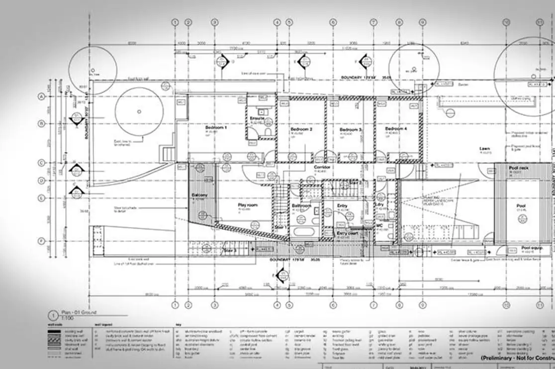Residential floor plan showing bedrooms, bathrooms, corridors, and shared living spaces for interior construction documentation and repeated-unit coordination.