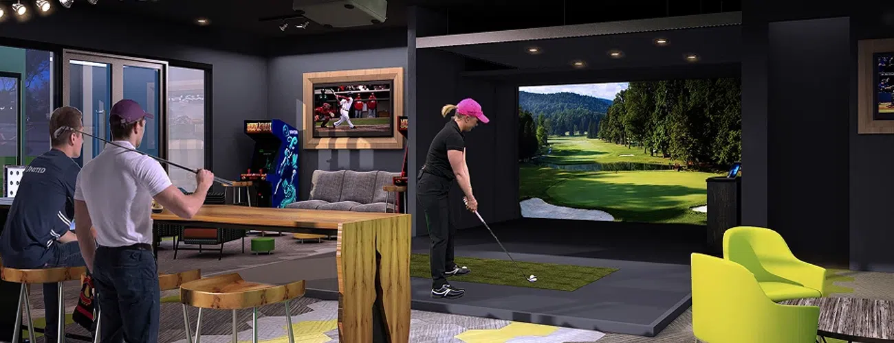 3D architectural rendering of a hospitality recreation lounge with indoor golf simulator, arcade games, lounge seating, and entertainment amenities