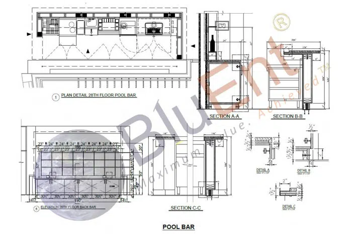 Millwork shop drawing of pool bar by BluEntCAD