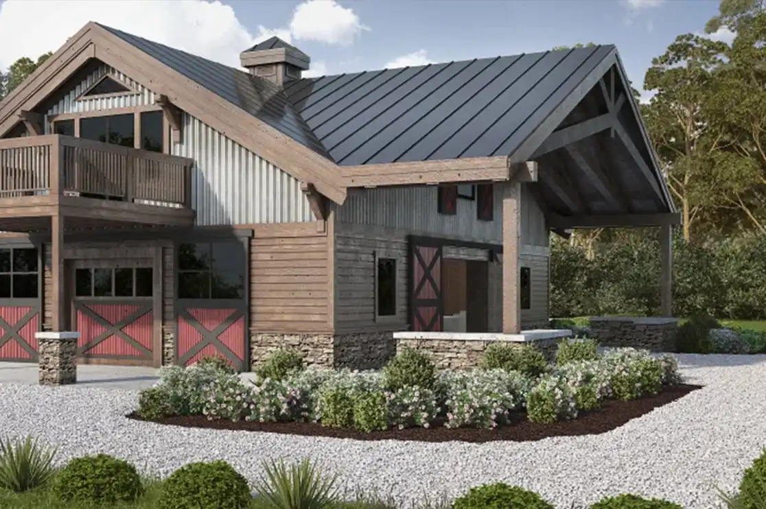 Photorealistic 3D architectural rendering of a rustic residential home with wood siding, metal roofing, stone accents, a balcony, garage doors, landscaped gardens, and a gravel driveway