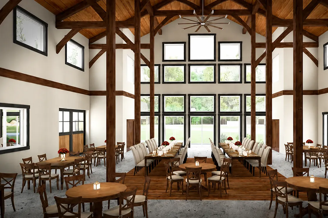 Restaurant interior with custom timber millwork, exposed wood beams, large windows, and dining tables, illustrating millwork drafting services for restaurant chains