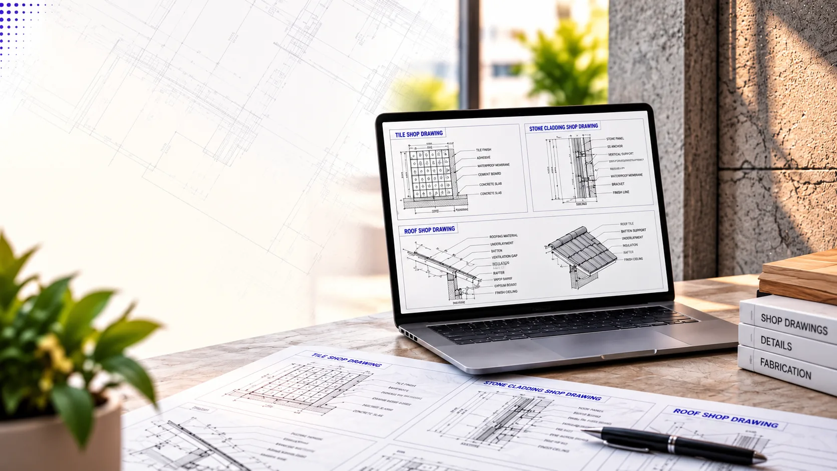 Tile, stone cladding and roof shop drawings on a laptop