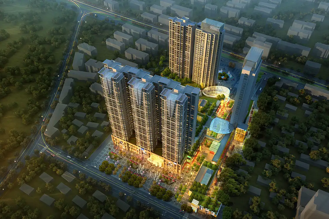Aerial skyscraper rendering showing a high-rise residential complex, surrounding buildings, landscaped green spaces, roads, and pedestrian areas from a bird’s-eye view.