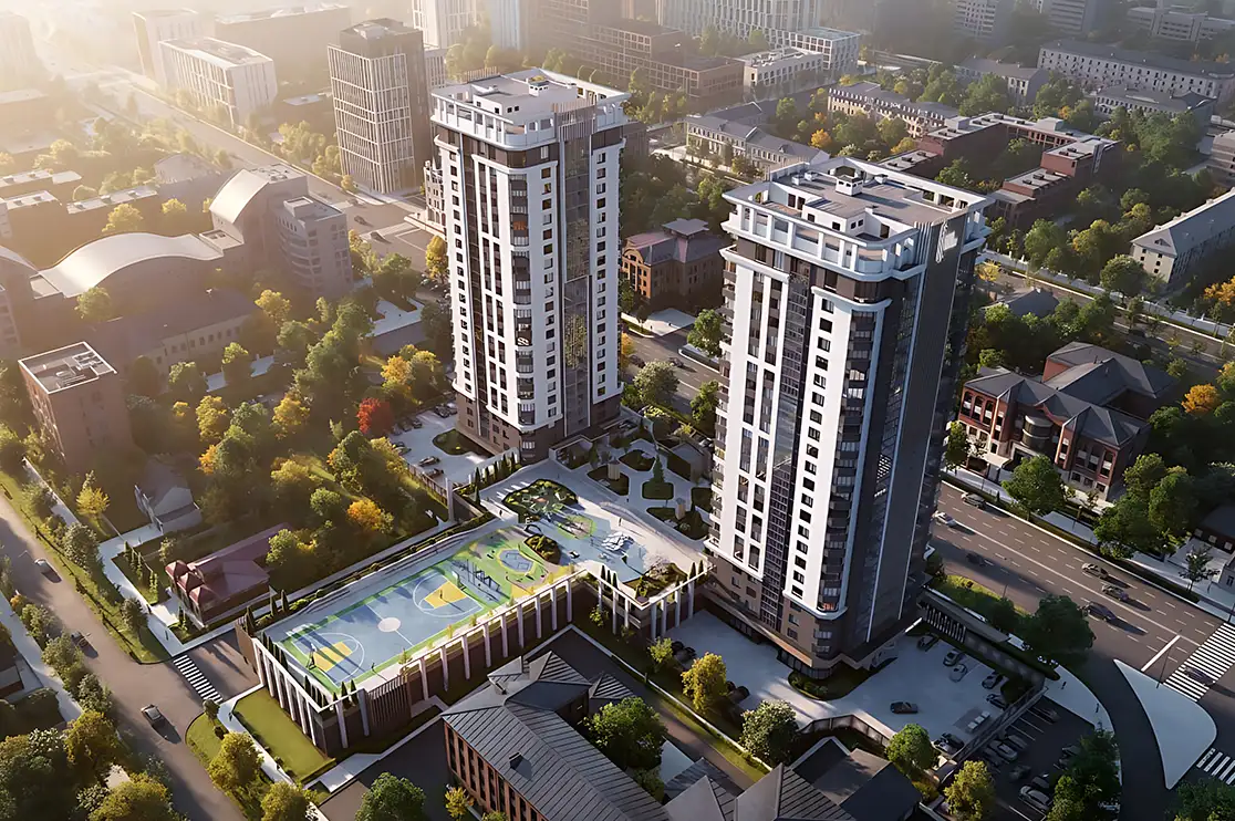 Semi-aerial skyscraper rendering showcasing modern residential towers, landscaped grounds, podium-level recreational amenities, sports courts, and surrounding urban development.