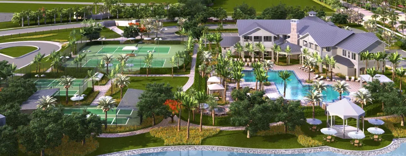 3D architectural rendering of a luxury hospitality resort with clubhouse, resort-style pool, tennis courts, and landscaped recreational spaces