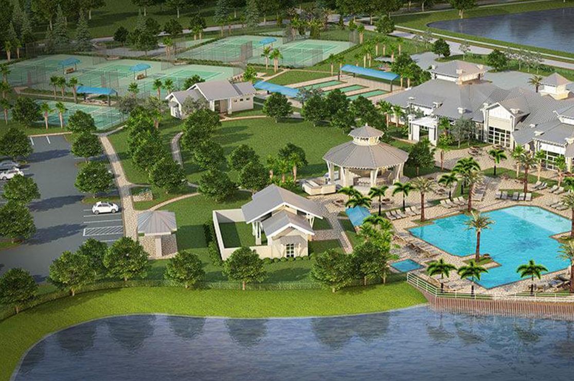 Aerial 3D rendering of a waterfront resort community featuring a swimming pool, clubhouse, tennis courts, landscaped outdoor spaces, residential buildings, and surrounding water.