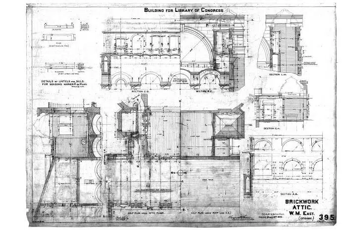 working drawing showing attic brickwork as plans, sections, and elevations